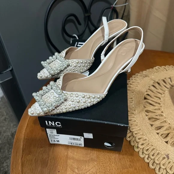 INC White Pearl Embellished Heels - Picture 2 of 4